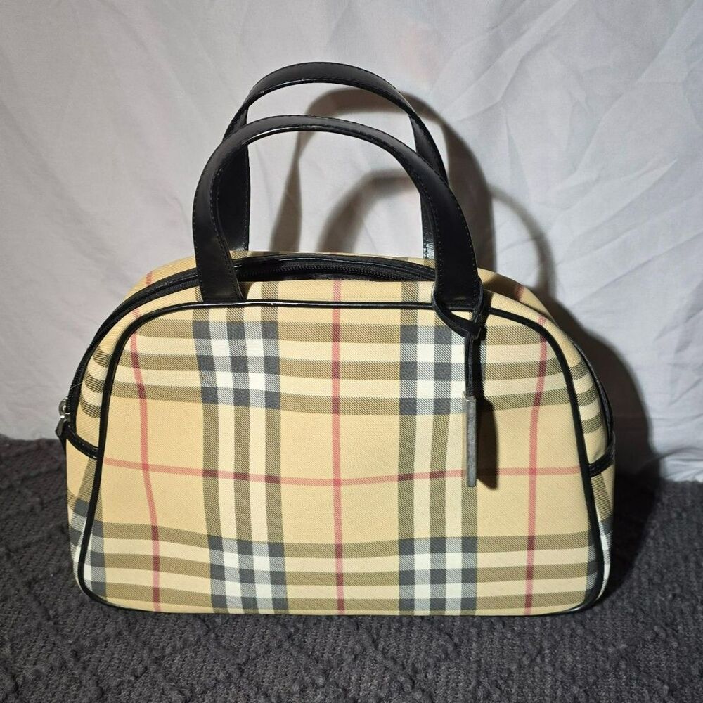 BURBERRY Logo Nova Check Pattern Hand Bag PVC Leather with COA
